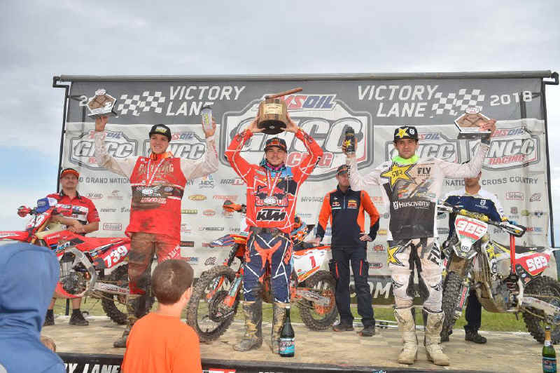 Kailub Russell (center), Trevor Bollinger (left) and Thad Duvall (right) rounded out the overall&nbsp;podium at&nbsp;the Dunlop Tomahawk GNCC.